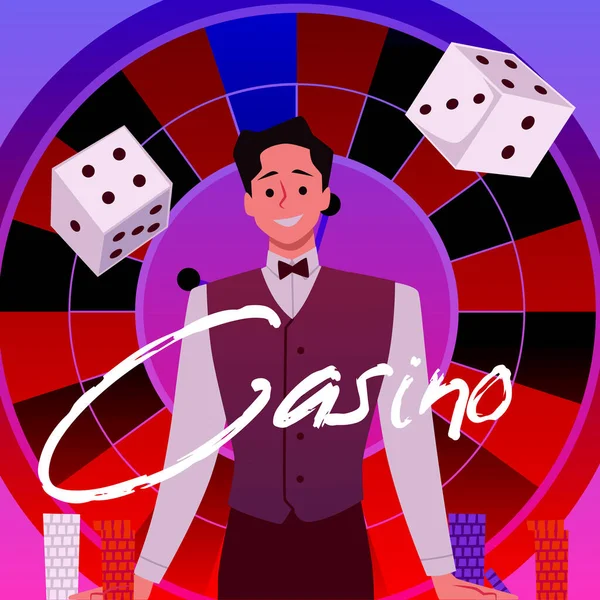 Repartidor Casino Sonriente Está Delante Una Mesa Ruleta Croupier Masculino — Archivo Imágenes Vectoriales