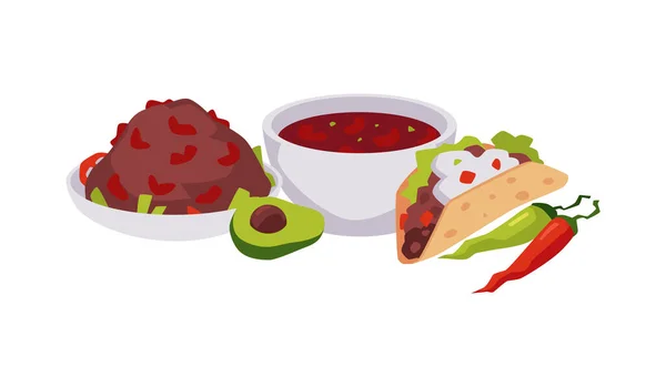 Taco Domates Sosu Avokado Dilimli Sıcak Çorba Geleneksel Meksika Latin — Stok Vektör