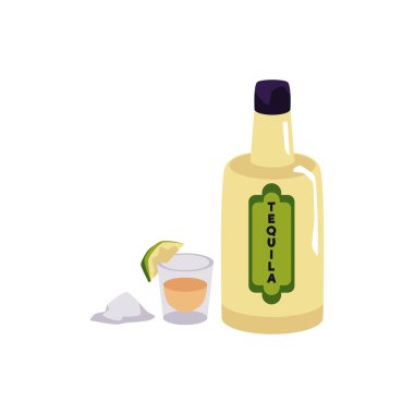 Bir şişe ve bir bardak tekila, beyaz arka planda izole edilmiş vektör çizimi. Meksika alkol içeceği, bar menüsü, limon ve tuz için dekoratif tasarım elementi
