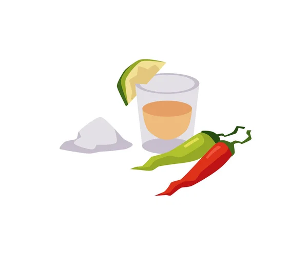 Peperoni Cileni Bicchiere Tequila Con Calce Stile Piatto Illustrazione Vettoriale — Vettoriale Stock