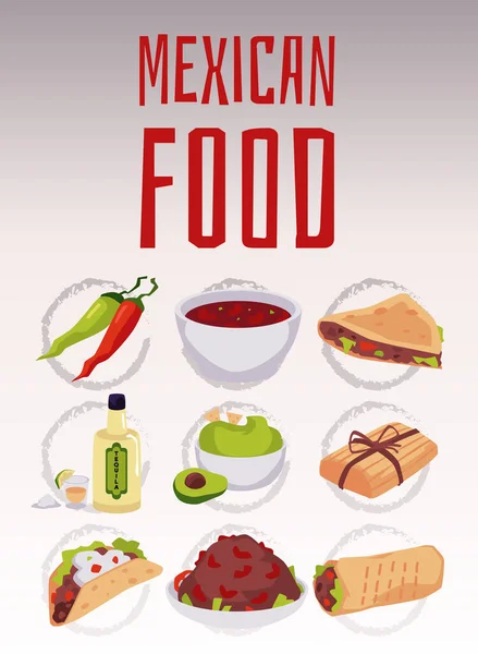 Αφίσα Κατακόρυφου Banner Διάφορα Μεξικάνικα Πιάτα Επίπεδου Στυλ Διανυσματική Απεικόνιση — Διανυσματικό Αρχείο