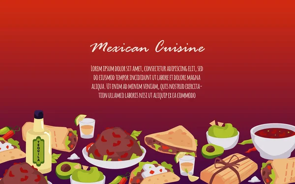 様々な料理フラットスタイルとメキシコ料理についてのバナー 赤いグラデーションの背景にベクトルイラスト タコとブリトー グアカモーレソース テキーラのための場所と装飾的なデザイン — ストックベクタ