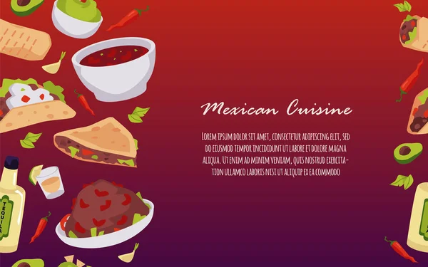 タコス グアカモーレ ケサディージャ サルサなどの伝統的なメキシコ料理 メキシコ漫画 ラテンアメリカ料理とベクトルポスター メニューカバー テキーラ付きの料理本 アボカドとチリペッパーのデザイン — ストックベクタ