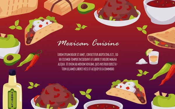 メキシコ料理についてのバナー異なる料理フラットスタイル グラデーションの背景にベクトルイラスト テキスト 伝統的なメキシコ料理 ブリトーとタコのための場所と装飾的なデザイン — ストックベクタ