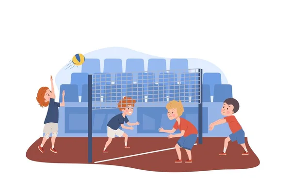 Мальчики Играют Волейбол Площадке Против Зоны Отдыха Счастливые Дети Вместе — стоковый вектор