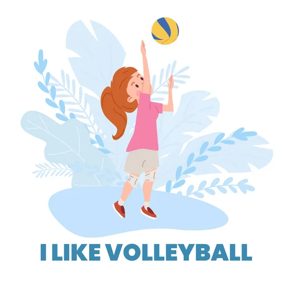 身穿粉色运动服的女排球运动员举起双手击球 可爱卡通人物的矢量图解 快乐的孩子在玩运动游戏 我喜欢蓝色背景的排球海报 — 图库矢量图片