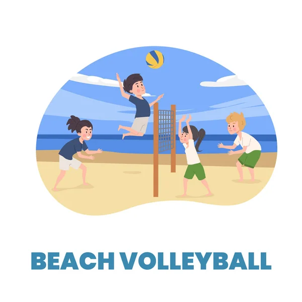 男孩和女孩在海滩上打排球 快乐的孩子们一起玩体育比赛玩得很开心 关于夏季海景的健康和休闲矢量海报 排球运动员卡通人物 — 图库矢量图片