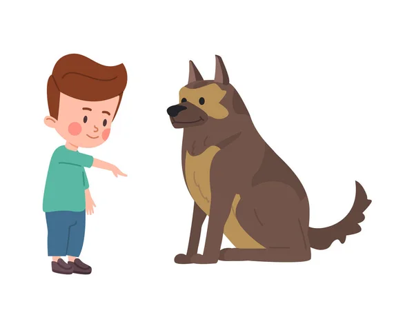 Liten Pojke Tränar Stor Hund För Att Göra Tricks Barn — Stock vektor