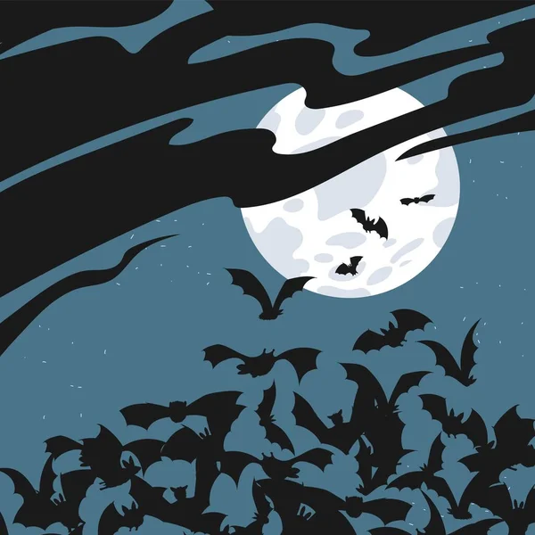 Fullmånens Ljus Svarta Moln Och Stor Flock Fladdermöss Natten Mystisk — Stock vektor
