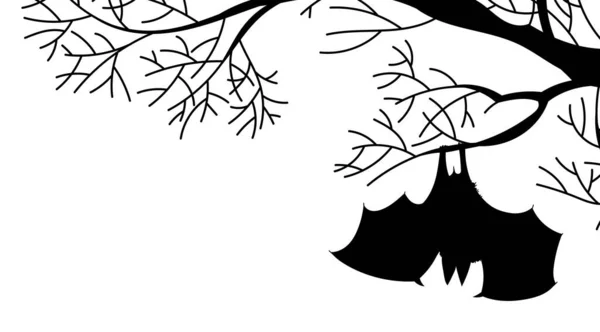 Pipistrello Spettrale Appeso Testa Giù Ramo Albero Silhouette Nera Illustrazione — Vettoriale Stock