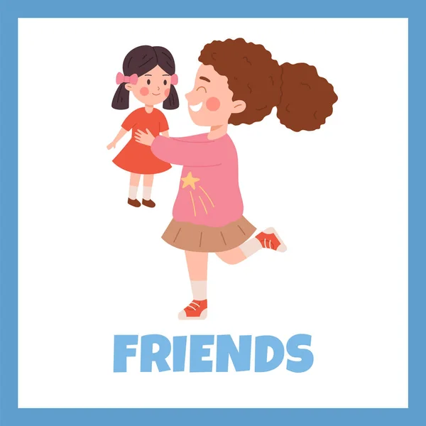 方形横幅关于快乐的小女孩玩洋娃娃玩具扁平风格 向量插图孤立在蓝色背景 装饰设计 童年与朋友 情感性格 — 图库矢量图片