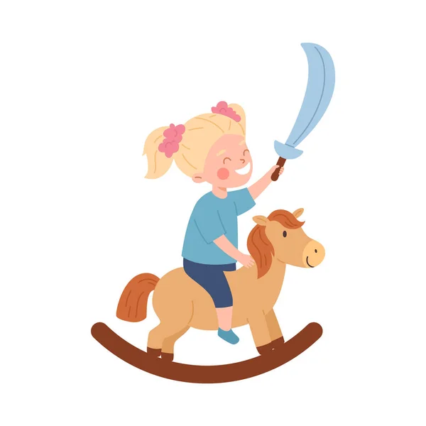 Roztomilé Blondýny Dívka Šavlí Houpání Zábava Dřevěný Kůň Kluk Hraje — Stockový vektor