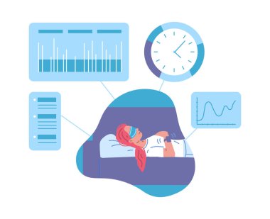 Akıllı saatlerle kanepede uyuyan kadın uyku kalitesini hesaplıyor, beyaz arka planda izole edilmiş düz vektör çizimi. Uyku kalitesinin grafikleri.