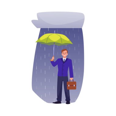 Çantası olan iş adamı yağmurda şemsiye altında duruyor. Kriz fırtınasında başarılı bir iş koruma stratejisi. Sigorta ve risk yönetimi, güvenilir tasarruf vektörü illüstrasyonuna güven