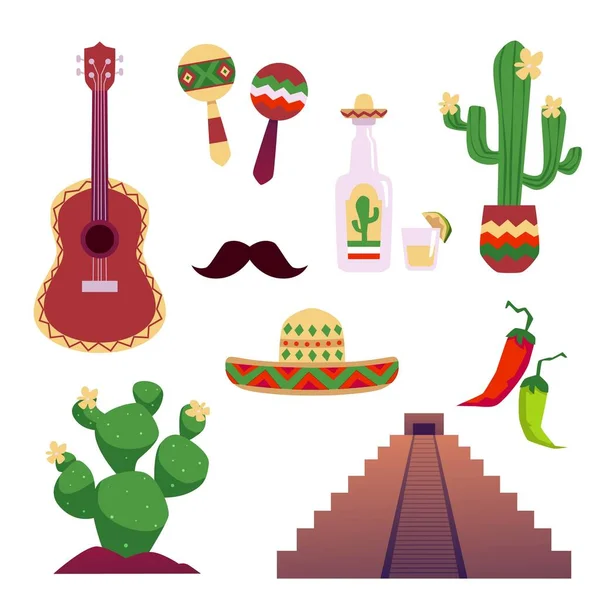 Ensemble Symboles Traditionnels Mexicains Chapeau Sombrero Maracas Guitare Illustrations Tours — Image vectorielle