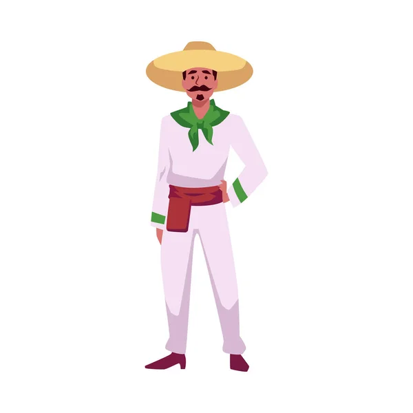 ソンブレロフラットスタイルのムスタキオメキシコ人男性 白い背景に単離されたベクターイラスト 伝統的な服 装飾的なデザイン要素 スタンディングキャラクター — ストックベクタ