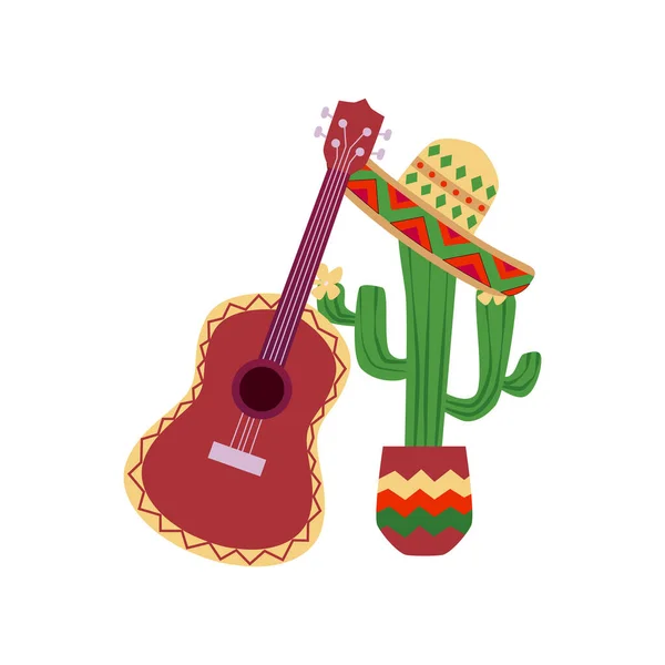 Cactus Vert Pot Décoré Sombrero Chapeau Guitare Symboles Culture Traditionnels — Image vectorielle