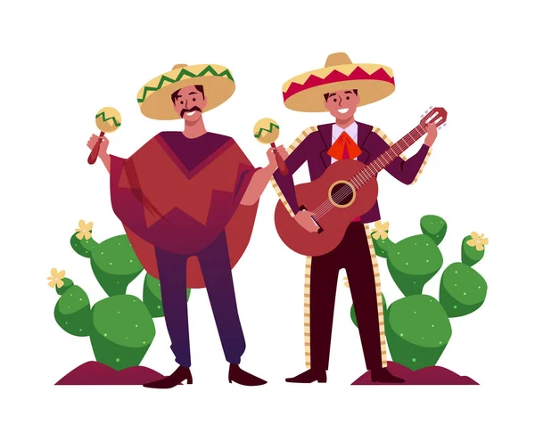 Homens Sorridentes Poncho Sombreros Tocando Guitarra Maracas Estilo Plano Ilustração — Vetor de Stock