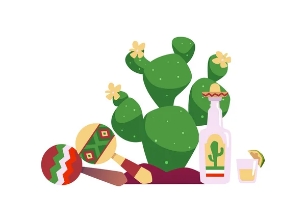 Zielony Kaktus Żółtymi Kwiatami Para Meksykańskich Marakas Butelka Napoju Tequila — Wektor stockowy