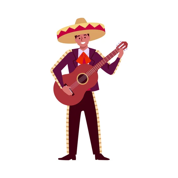 Jeune Mexicain Souriant Sombrero Jouant Guitare Plat Illustration Vectorielle Isolée — Image vectorielle
