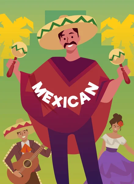 Affiche Bannière Verticale Avec Homme Mexicain Souriant Poncho Sombrero Jouant — Image vectorielle