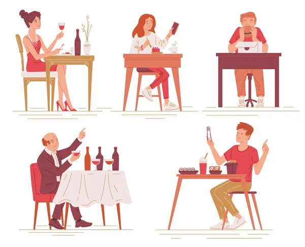 一组多样化的人在餐馆和咖啡馆里吃饭 平面矢量图以白色背景隔离 食物批评家或博客作者品尝不同的食物和饮品 — 图库矢量图片