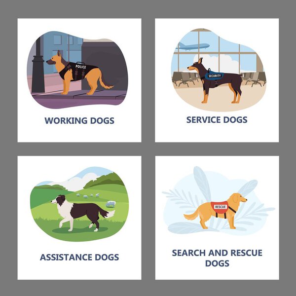 Assistance rescue and service dogs banners and badges set. Dogs helping in medicine and saving lives, flat vector illustration isolated on white background.