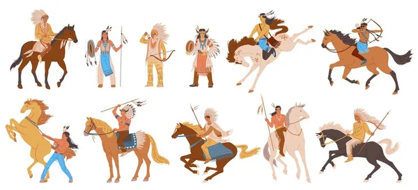 Conjunto Homens Cavalos Indianos Americanos Estilo Plano Ilustração Vetorial Isolado —  Vetores de Stock