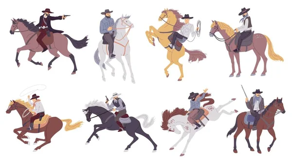 Cowboys Riders Sheriffs Bandits Male Characters Set Flat Vector Illustration — Stock Vector