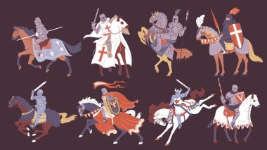 Ortaçağ şövalyelerinin zırhlı, miğferli ve koruyucu giysili at süren vektör çizimleri. Karikatür konsepti: Orta Çağ, kahverengi arka planda izole.