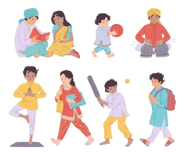 Set Bahagia Anak Anak India Dalam Kostum Nasional Datar Gaya - Stok Vektor