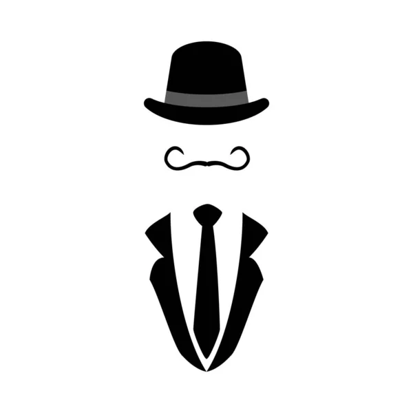 Silhouette Vintage Chapeau Melon Moustaches Bouclées Costume Cravate Illustration Vectorielle — Image vectorielle