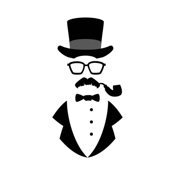 Silhouette Homme Élégant Chapeau Verres Moustaches Illustration Vectorielle Plate Isolée — Image vectorielle