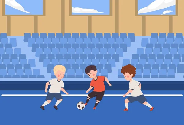 Chłopcy Grający Piłkę Nożną Stadionie Szkolnym Płaska Ilustracja Wektora Dzieci — Wektor stockowy