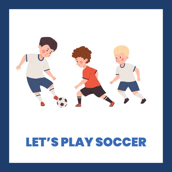 サッカーをする子供 テキスト付きのポスター 平らなベクトルイラスト 子供のためのフットボールスクール広告バナー ハッピーボールとキックボール — ストックベクタ