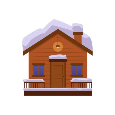 Çatısı karlı ahşap ev ve tırabzan düz stil, vektör çizimi beyaz arka planda izole edilmiş. Kış mevsimi, dekoratif tasarım unsuru, kapısının üstünde lamba asılı bir bina.