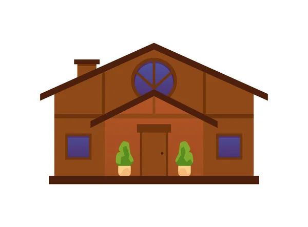 ポーチに植物が付いている木製の家の外観 白い背景で隔離された平らなベクターの図 田舎の家 森の中のログコテージやキャビン — ストックベクタ