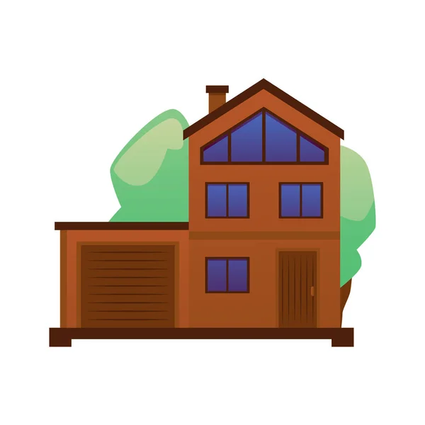 Modern Wooden House Garage Flat Vector Illustration Isolated White Background — Stock Vector