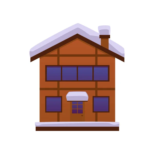 雪に覆われた木造の茶色の家 インフルエンザパイプ 雪が屋外と屋根に漂流します 冬のベクターの家 白い背景の平らな隔離されたイラスト — ストックベクタ