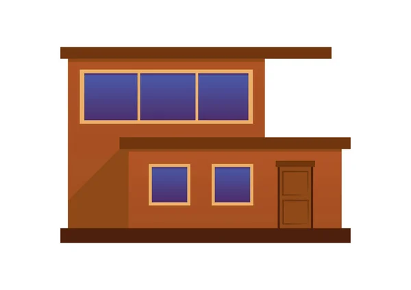 ドアが付いている木製の家 パノラマ窓 ロフトスタイルのフラットルーフを備えた2階建ての茶色の家 白い背景のベクトル平らな隔離されたイラスト — ストックベクタ