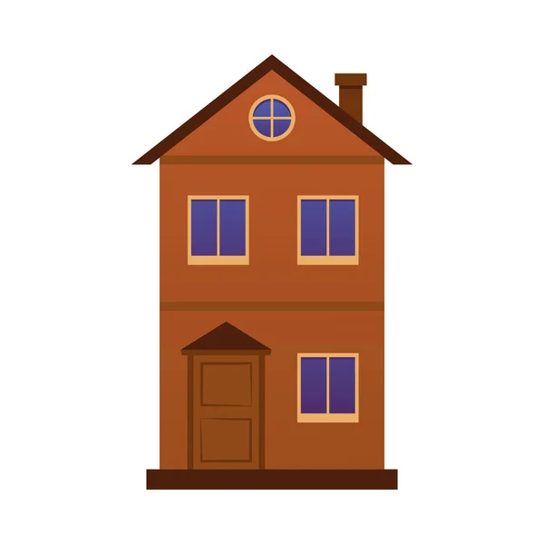 白い背景のドア 窓およびフルーエの管が付いている木の家 ロフトベクトルフラットイラスト付きの2階建ての茶色の家 ヴィンテージ ビルディング — ストックベクタ