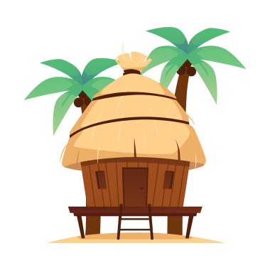 Beach bungalow house for summer vacation topics. Straw roof hut or bungalow of tropical hotels or island resort, flat vector illustration isolated on white background. clipart