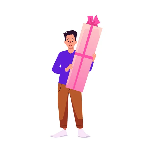 Menino Sorrindo Jovem Segurando Grande Caixa Presente Com Fita Rosa — Vetor de Stock