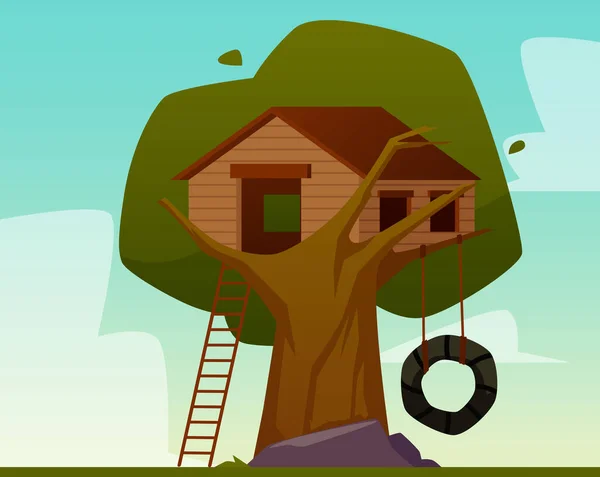Baumhausbau Holzhütte Auf Großem Baum Für Kinder Mit Schaukel Und — Stockvektor