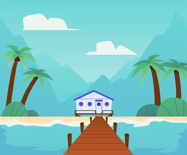 バンガローハウスビルとパーム フラットベクターイラスト付きのビーチ背景 夏のビーチハウスやトロピカルバンガローのホテルを眺めるバックドロップデザイン — ストックベクタ