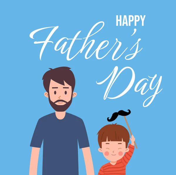Fathers day greeting card, man with his son, cartoon flat vector illustration on blue background. Holiday celebration poster. Happy father with child.