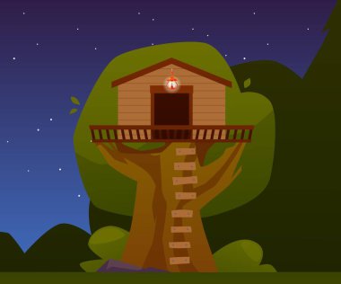Tree house with lighting, night landscape. Wooden lodge on big tree with ladder. Vector cartoon game treeshed summer camp. Children playground for outdoors activities in forest, dark sky and stars clipart