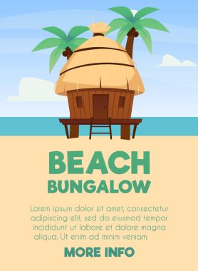 Bungalow with thatched roof. Small hut near palm trees on the beach. Vector cartoon poster with villa for vacation and resort on exotic island. Summer stilt home, tropical paradise wooden dwelling clipart