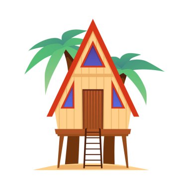 Bungalov ve palmiye ağaçları. Yazlık merdiveni, sahil kıyısındaki ahşap konutu olan ev. Cennet tatili ve egzotik adada tatil için vektör karikatür villası. Beyazlar üzerinde izole edilmiş tropikal küçük kulübe