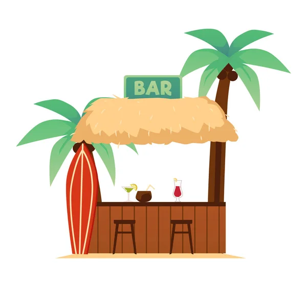 Bungalov Doškovou Střechou Kokosových Palem Surfboard Barová Křesla Osvěžující Koktejly — Stockový vektor